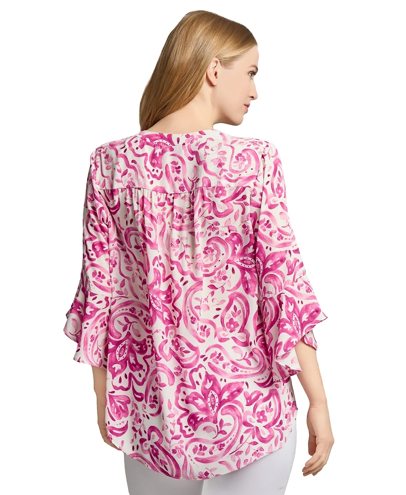 Jones New York Petite Paisley-Print V-Neck Bell-Sleeve Top