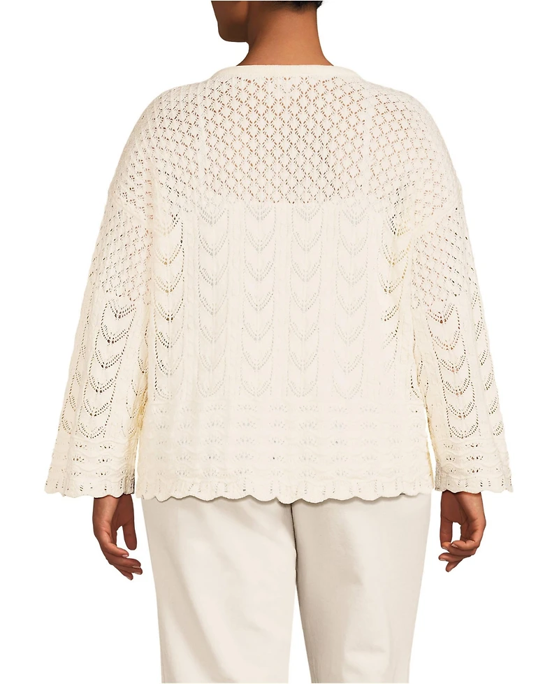 Lands' End Plus Cotton Boucle Pointelle Notch Neck Sweater