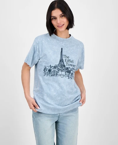 Rebellious One Juniors' Eiffel Tower Mineral Wash Boyfriend T-Shirt