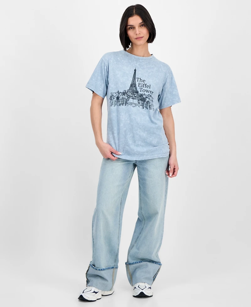 Rebellious One Juniors' Eiffel Tower Mineral Wash Boyfriend T-Shirt
