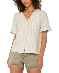 Liverpool Los Angeles Women's Striped Embroidered Cotton Linen Blouse