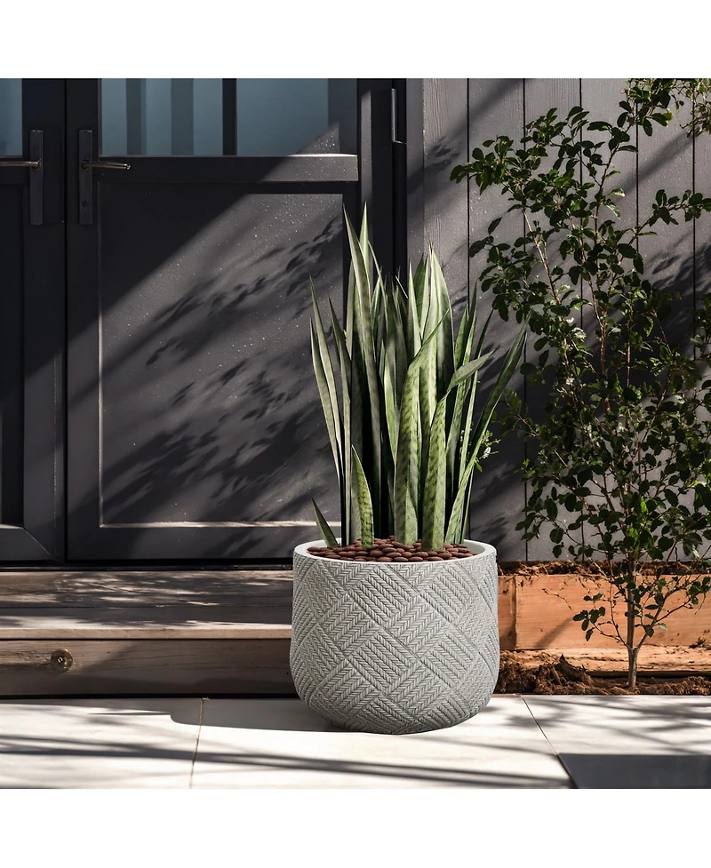 LuxenHome Misty Gray Glen Pattern 11.8-Inch Tall MgO Round Planter, Indoor and Outdoor