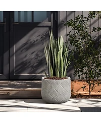 LuxenHome Misty Gray Glen Pattern 11.8-Inch Tall MgO Round Planter, Indoor and Outdoor