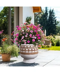 LuxenHome Boho White with Brown Accents 11-Inch Round MgO Planter