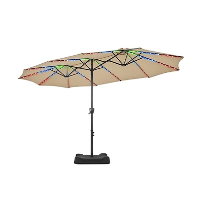 Yaheetech 15 ft Patio Parasol with Multi-Mode Led Lights Strips and Base Stand, Tan