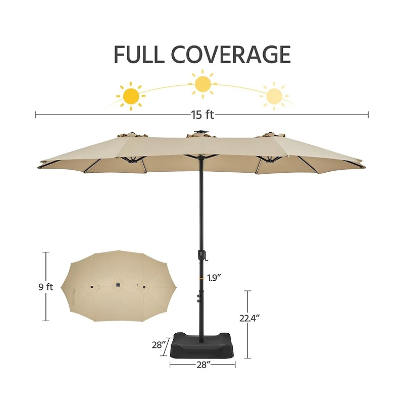 Yaheetech 15 ft Patio Parasol with Multi-Mode Led Lights Strips and Base Stand, Tan