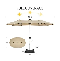 Yaheetech 15 ft Patio Parasol with Multi-Mode Led Lights Strips and Base Stand, Tan
