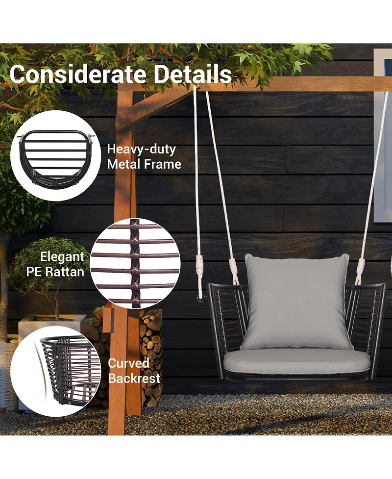 Single Person Hanging Seat with Woven Rattan Backrest for Backyard