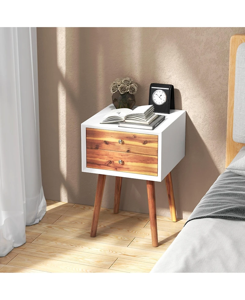 Gymax Wooden Nightstand Mid-Century End Side Table Bedroom W/2 Storage Drawers