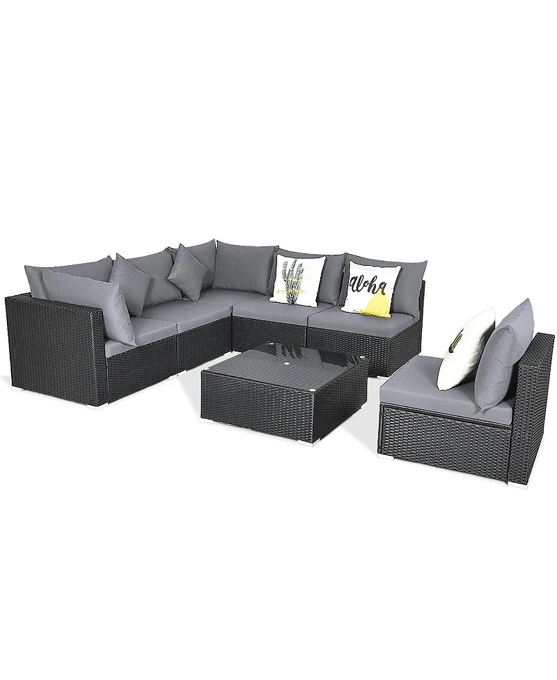 7 Pieces Sectional Wicker Furniture Sofa Set with Tempered Glass Top Coffee Table