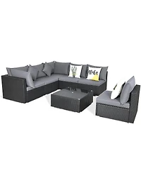 7 Pieces Sectional Wicker Furniture Sofa Set with Tempered Glass Top Coffee Table