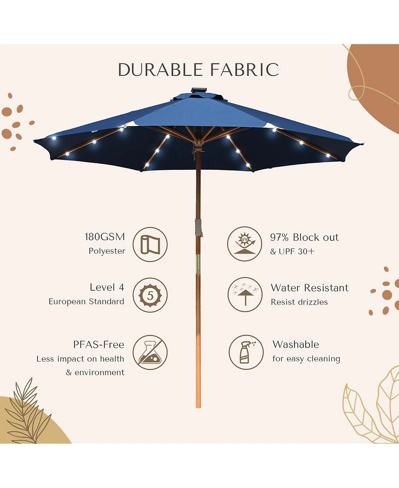 LAGarden Boho 32 Led 9Ft Wood Market Patio Umbrella with Solar Lights for Bar Hotel Resort Alfresco Dining Rooftop Restauran Navy Blue