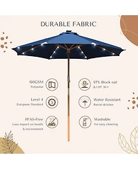 LAGarden Boho 32 Led 9Ft Wood Market Patio Umbrella with Solar Lights for Bar Hotel Resort Alfresco Dining Rooftop Restauran Navy Blue