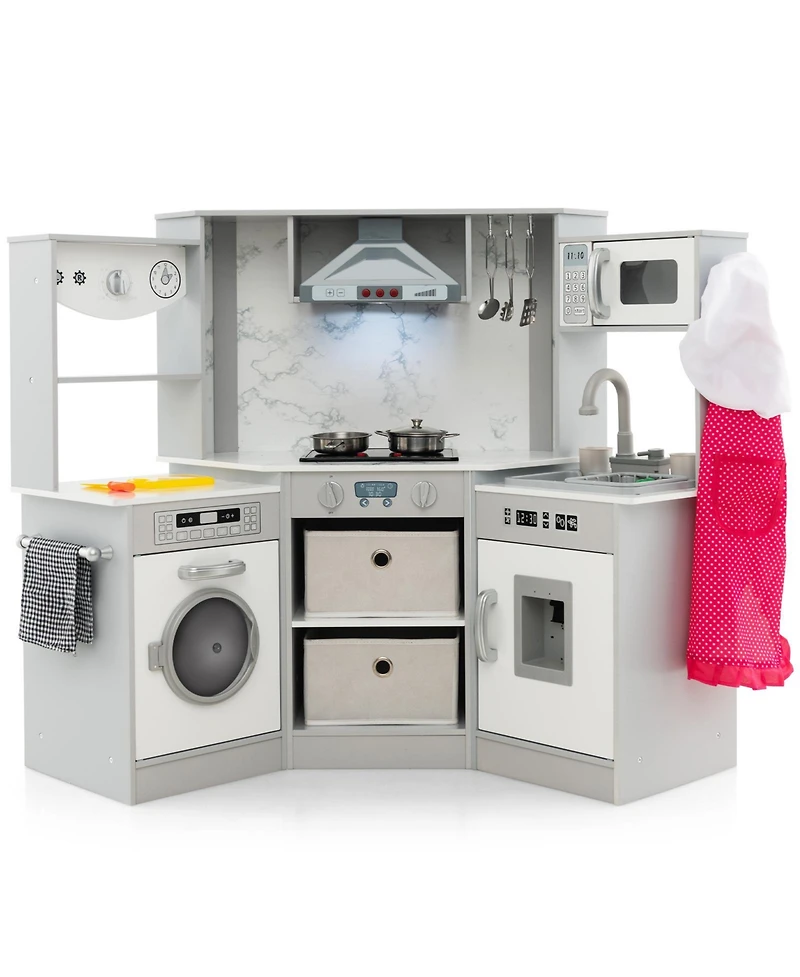 Wooden Kids Play Kitchen Playset with Realistic Lights and Sounds