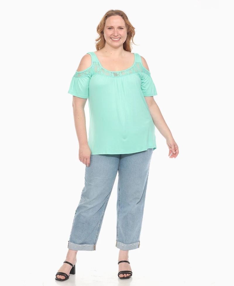 White Mark Plus Cold Shoulder Lace Trim Knit Top