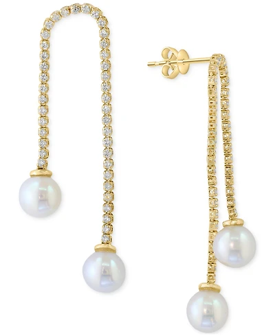 Effy Cultured Freshwater Pearl (7mm) & White Zircon (1-1/6 ct. t.w.) Chain Drop Earrings in 14k Gold