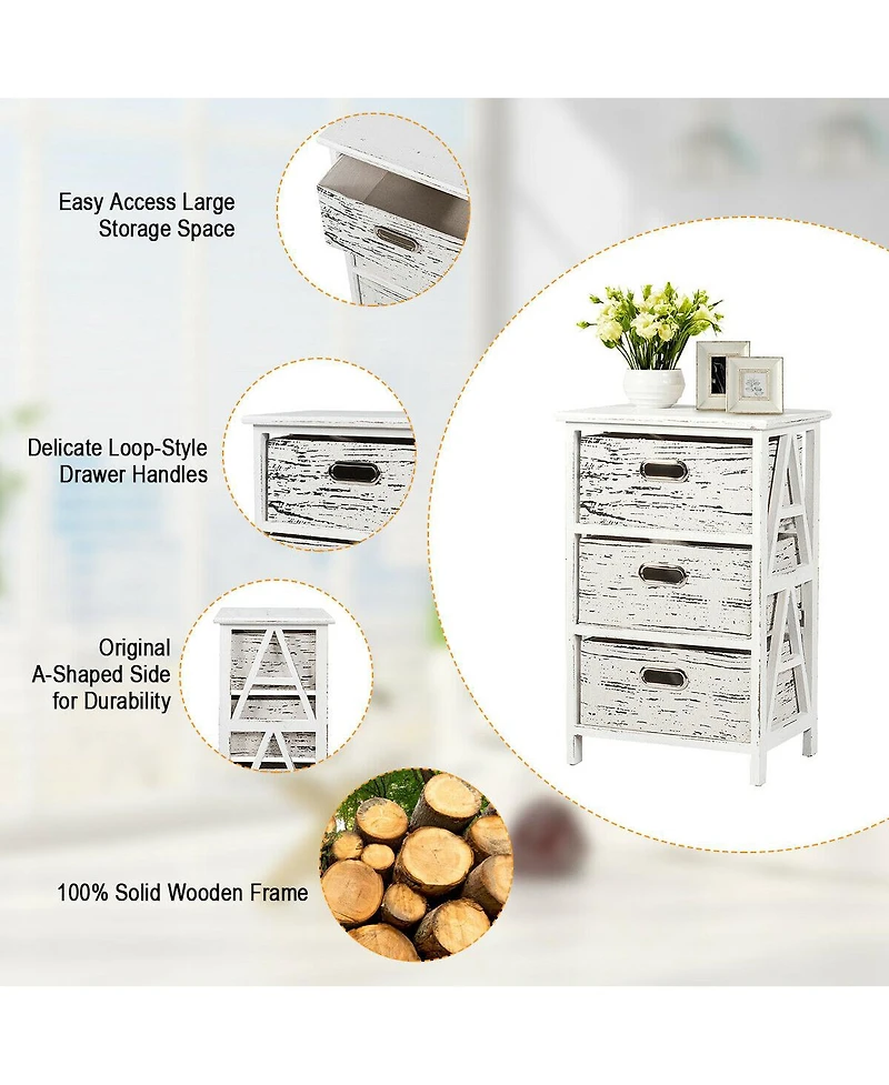 Gymax Chest w/3 Fabric Drawers Vintage Wood Frame End Table Side Sofa Table Nightstand