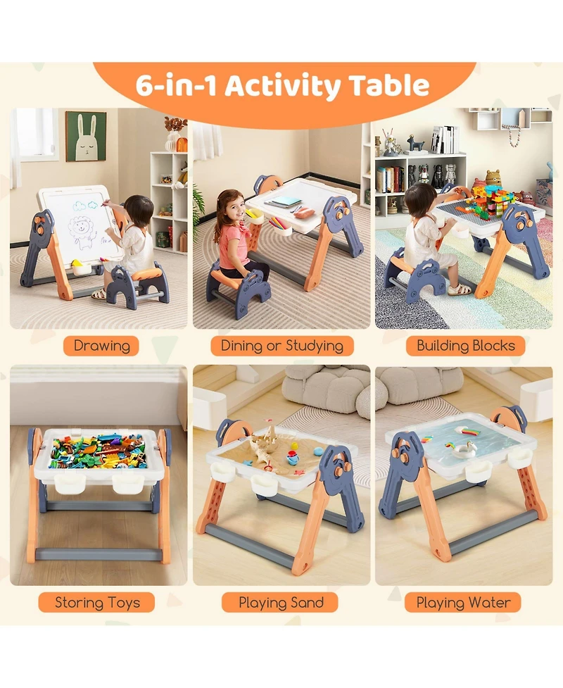 6-In-1 Folding Kids Art Easel with Reversible Building Block Tabletop