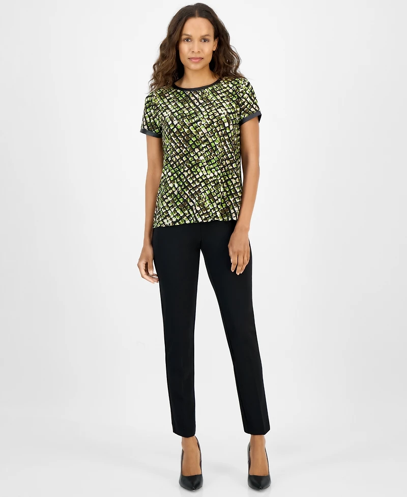 Ak Anne Klein Petite Animal-Print Button-Back Top