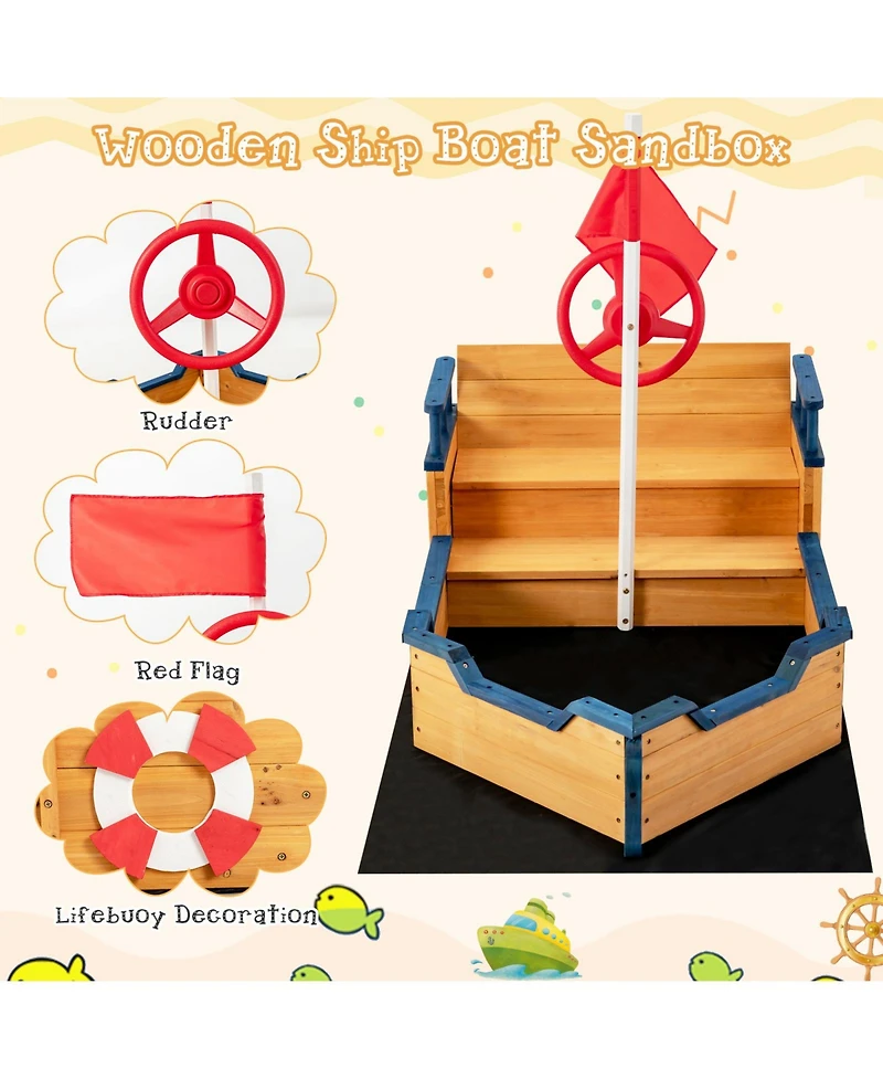 Kids Pirate Boat Wooden Sandbox Children Outdoor Playset