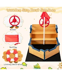 Kids Pirate Boat Wooden Sandbox Children Outdoor Playset