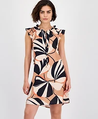 Robbie Bee Women's Printed Ruffle-Neck Cap-Sleeve Dress