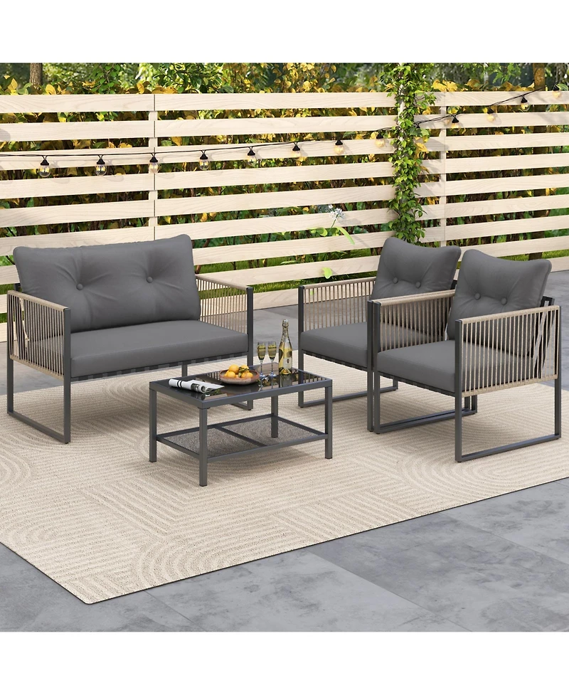 4 Pieces Outdoor Pe Rattan Conversation Sofa Set with Cushions