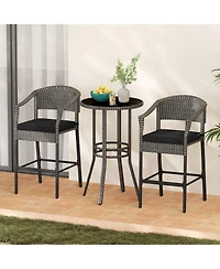 3-Piece Patio Rattan Bar Set with Tempered Glass Top for Backyard Poolside-Gray