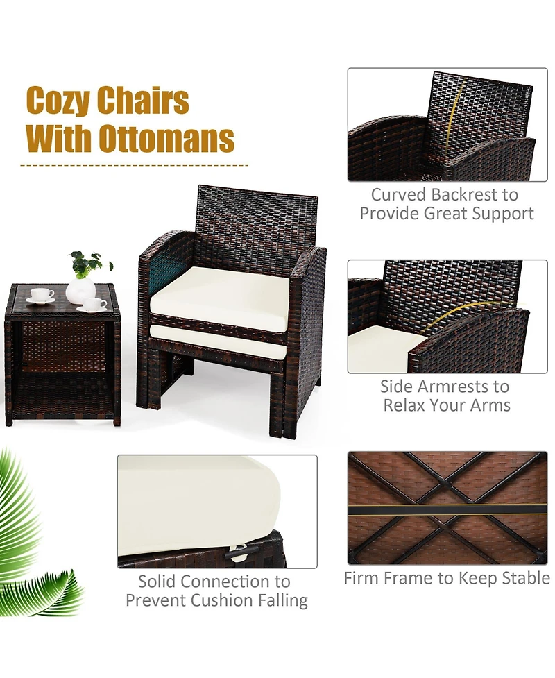 5 Pieces Patio Rattan Furniture Set with Ottoman and Tempered Glass Coffee Table-White