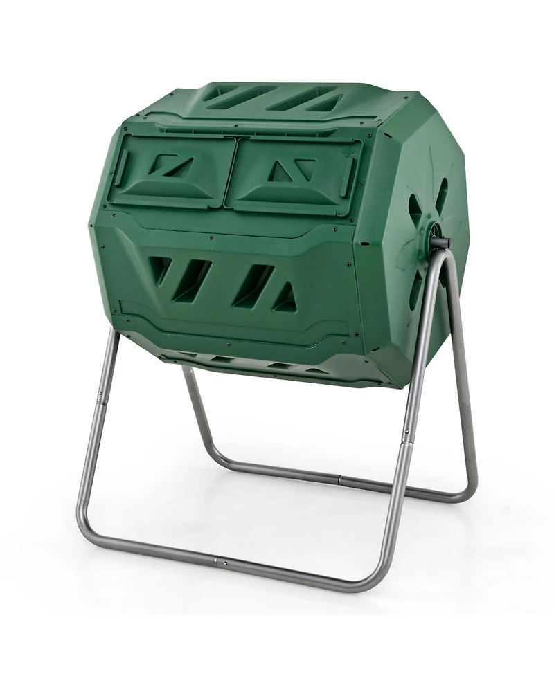 43 Gallon Rotating Compost Bin Barrel with Dual Chamber and Sliding Doors-Green