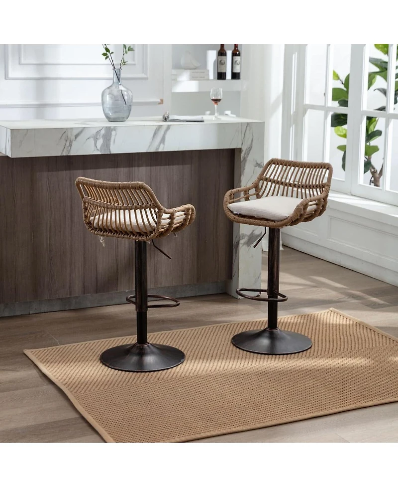 Set of 2 Modern Adjustable Swivel Bar Stools with Woven Back, Cushioned Seat, Counter Height Footrest for Kitchen-The Pop Home
