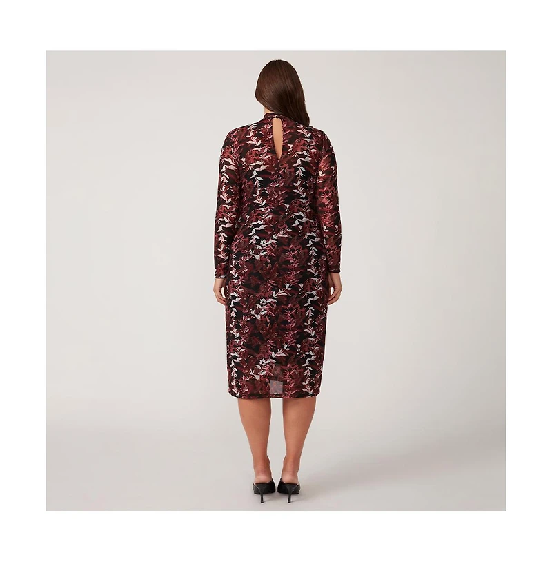 Estelle Reflection Leaves Mesh Red Pink Black Floral High Neck Bodycon Midi Dress