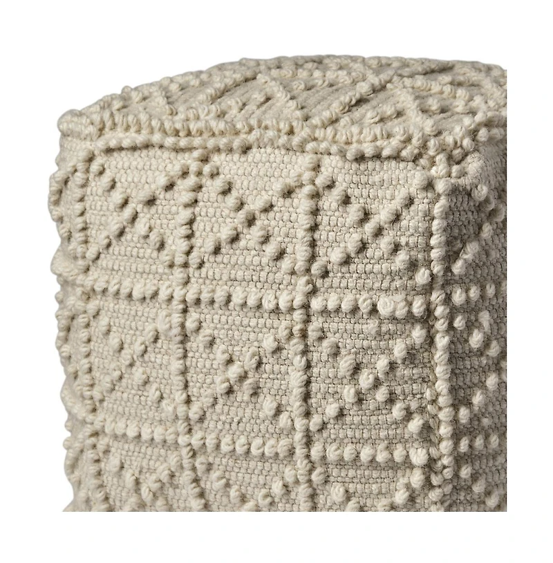 Ivory Wool Sqaure Pouf With Popcorn Detail