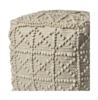 Ivory Wool Sqaure Pouf With Popcorn Detail