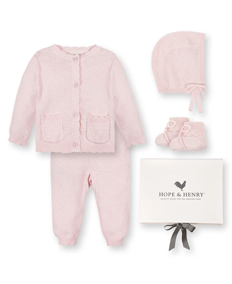 Hope & Henry Baby 5 Piece Organic Sweater Cable Cardigan, Legging, Hat, & Bootie Boxed Gift Set
