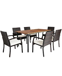 Gymax 7PCS Patio Dining Furniture Set w/ Wooden Tabletop Cushion Umbrella Hole