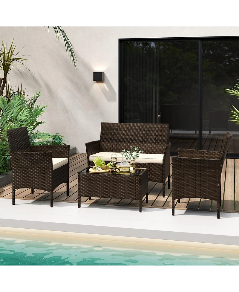4 Piece Patio Rattan Conversation Set with Cozy Seat Cushions-Beige