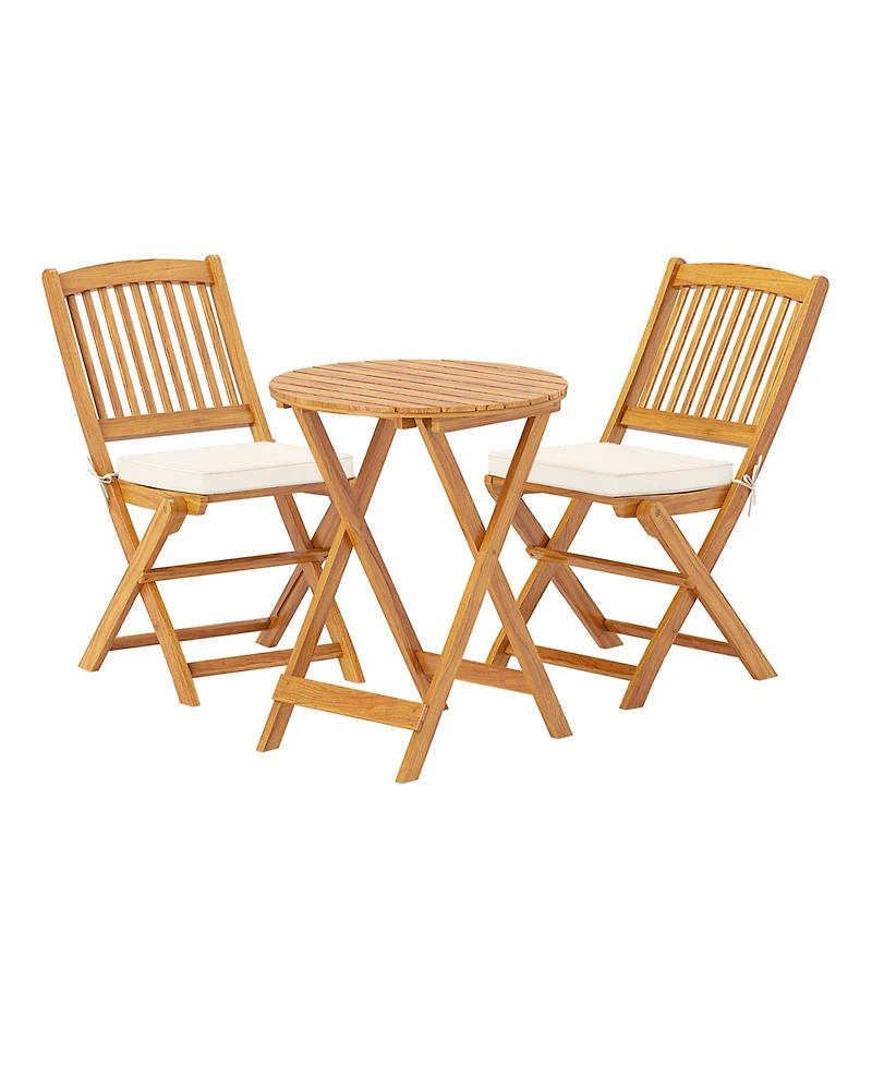 3 Pieces Acacia Wood Patio Folding Bistro Set with Soft Cushions-Beige