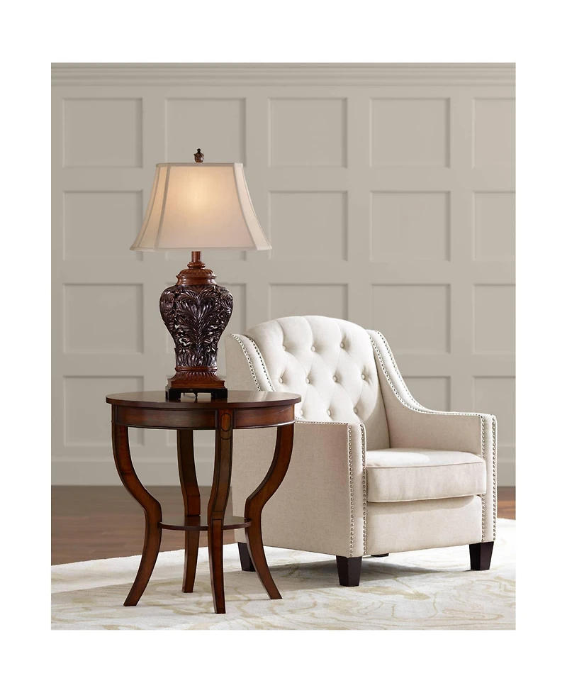 Barnes and Ivy Traditional Table Lamps 32.5" Tall Set of 2 Bronze Curling Leaves Tan Rectangular Shade for Living Room Family Bedroom Bedside