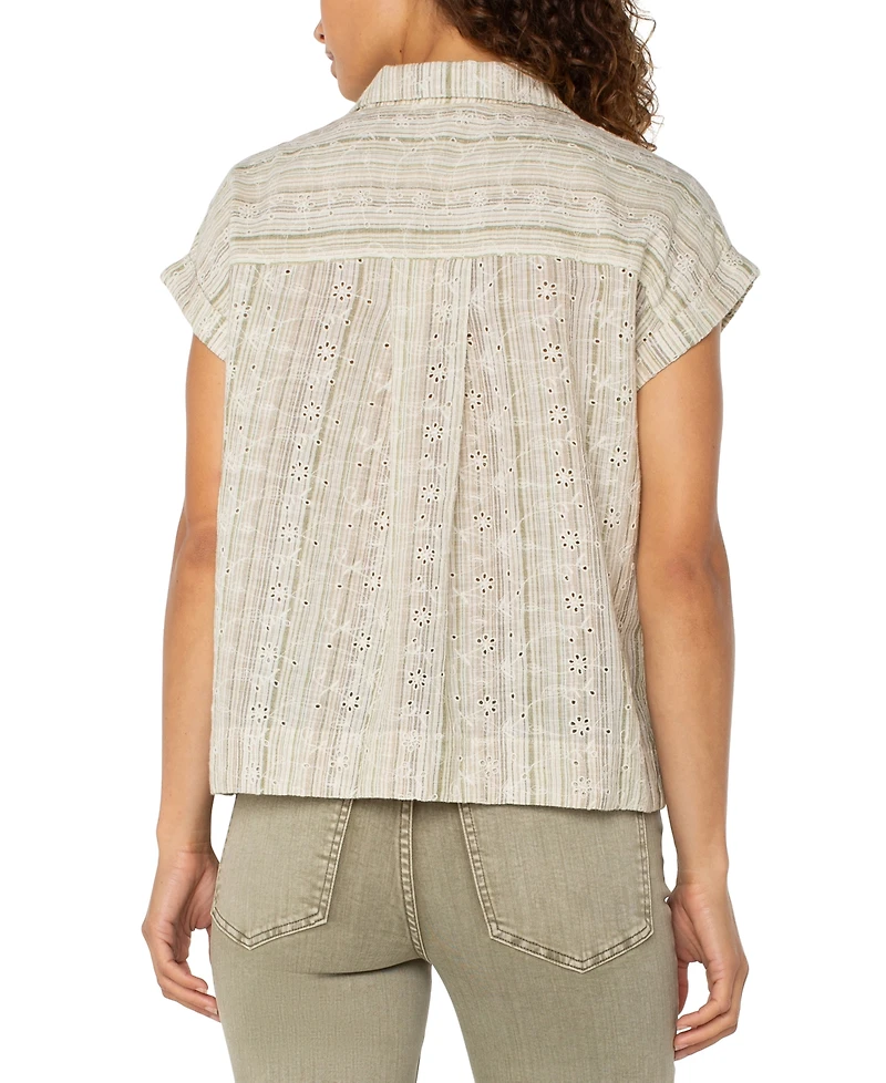 Liverpool Los Angeles Petite Striped Dolman-Sleeve Camp Shirt