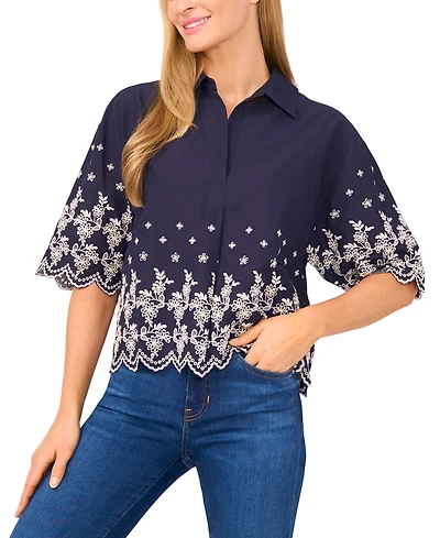 CeCe Women's Contrast Embroidered Cotton Collared Shirt