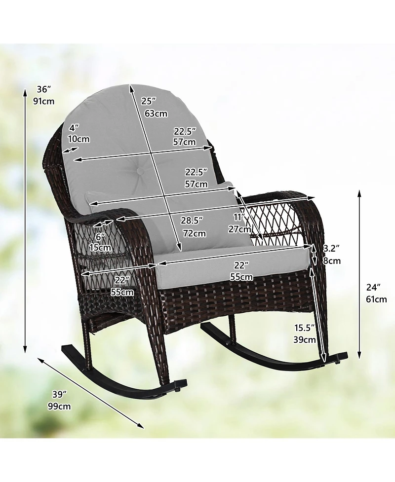 Patio Rattan Rocking Chair with Seat Back Cushions and Waist Pillow