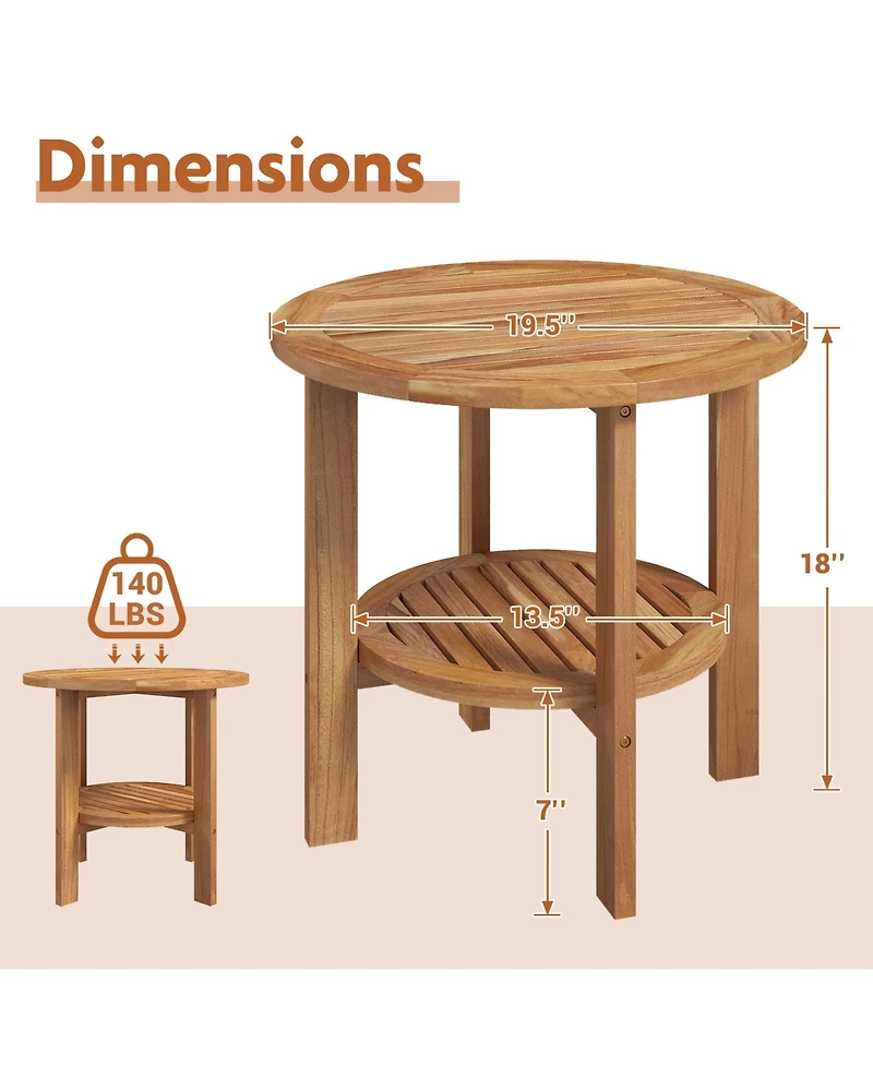 Outdoor Teak Wood Round Side Table Patio End Table with Slatted Storage Shelf