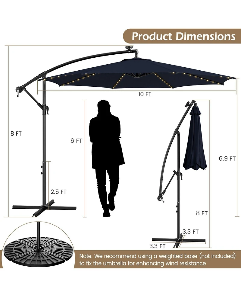 10 Feet Patio Offset Umbrella with 112 Solar-Powered Led Lights-Beige-Navy
