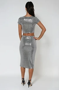 Bebe Women's Two Piece Disco Dot Top With Midi Skirt