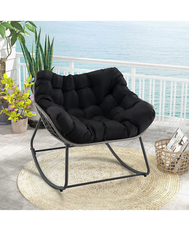 Outdoor Rocking Chair Oversized Patio Pe Wicker Egg Chair with Cushion