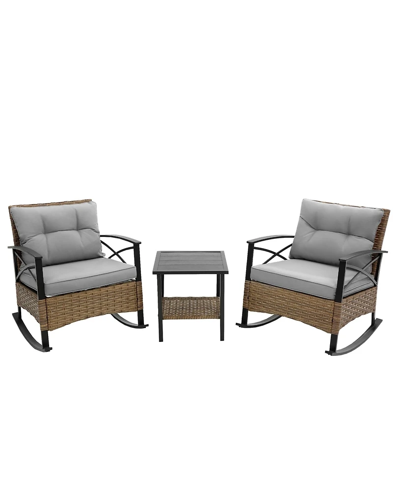 3-Piece Patio Conversation Set, Leisure Chair, Outdoor Rattan Rocking Chair Set Gray