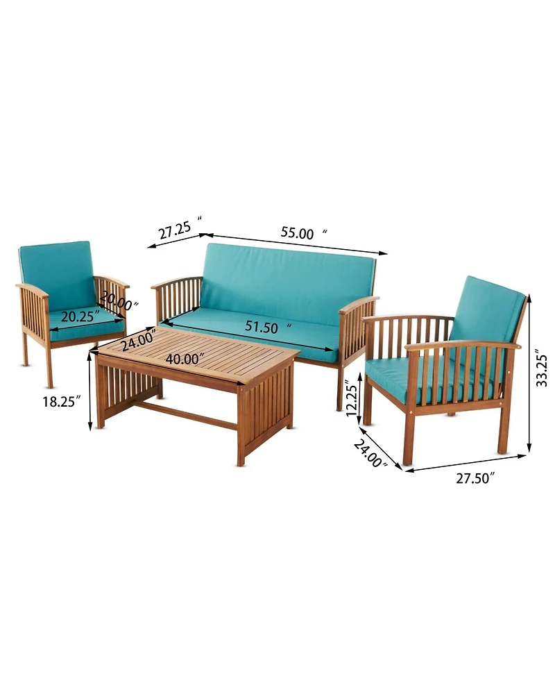 Outdoor Acacia Wood Sofa Set with Water Resistant Cushions, 4-Pcs Set