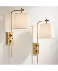 Barnes and Ivy Seline Modern Wall Lamps Set of 2 Warm Gold Plug-in 9" Light Fixture Adjustable Swivel Off White Shade for Bedroom Reading Living