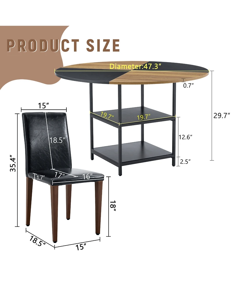 Streamdale 47.3" Round Dining Table Set with 4 Black Pu Chairs